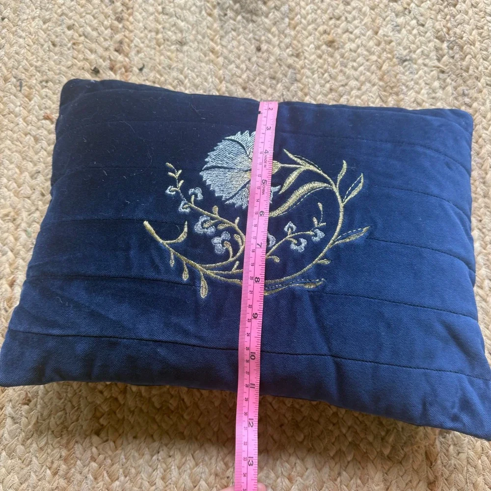 Vintage Navy Blue Velvet Embroidered Floral Throw Pillow Botanical Whimsigotj